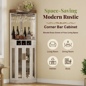English Elm Corner Bar Cabinet with LED Lighting Mirrored Backing and Stemware Rack Storage Antique White N752P508295W
