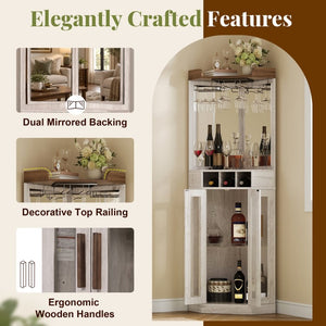 English Elm Corner Bar Cabinet with LED Lighting Mirrored Backing and Stemware Rack Storage Antique White N752P508295W