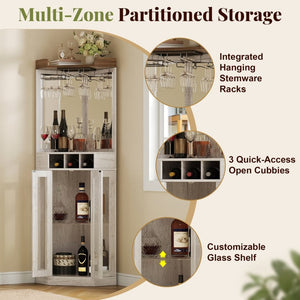 English Elm Corner Bar Cabinet with LED Lighting Mirrored Backing and Stemware Rack Storage Antique White N752P508295W