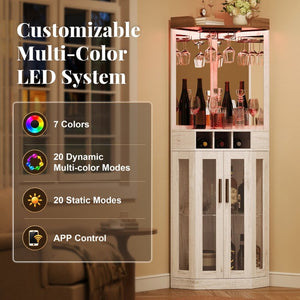 English Elm Corner Bar Cabinet with LED Lighting Mirrored Backing and Stemware Rack Storage Antique White N752P508295W