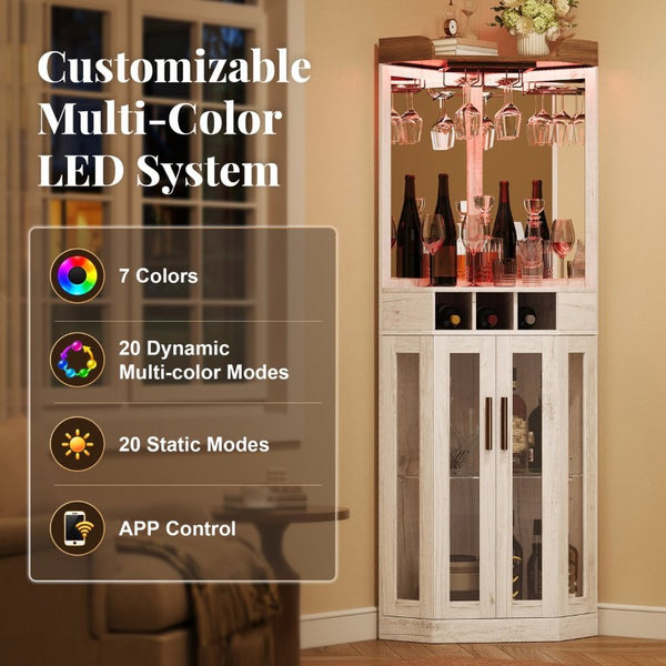 English Elm Corner Bar Cabinet with LED Lighting Mirrored Backing and Stemware Rack Storage Antique White N752P508295W