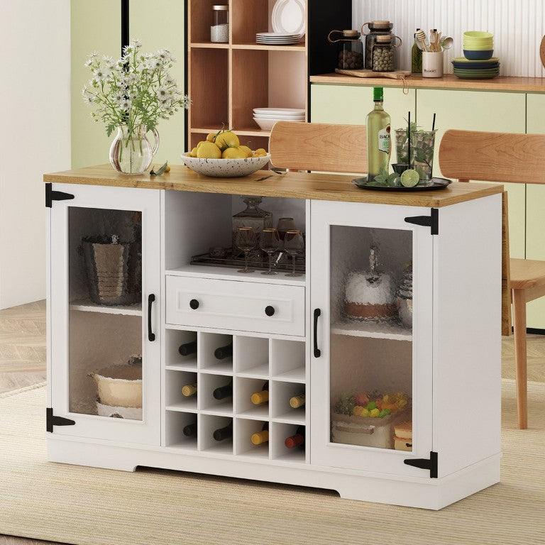 English Elm Wine Cabinet Farmhouse Sideboard with RGB LED Lighting and Foldable Melamine Serving Top N752P512371N