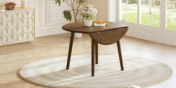 English Elm Round Drop Leaf Birch Veneer Dining Table Seats Four Compact Space Saving Design Walnut N752P540783D
