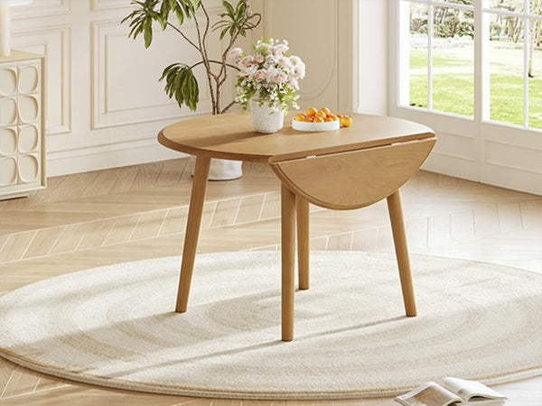 English Elm Round Drop Leaf Birch Veneer Dining Table Seats Four Compact Space Saving Design Natural N752P540783N