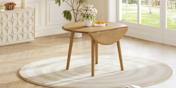English Elm Round Drop Leaf Birch Veneer Dining Table Seats Four Compact Space Saving Design Natural N752P540783N