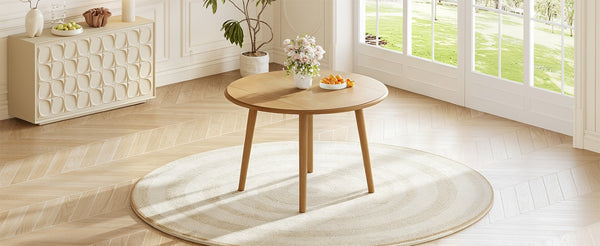 English Elm Round Drop Leaf Birch Veneer Dining Table Seats Four Compact Space Saving Design Natural N752P540783N