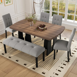 English Elm 6-Piece Modern Dining Set with Walnut Tabletop Geometric Legs Upholstered Chairs Bench Gray N752S000011D