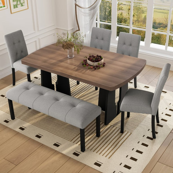 English Elm 6-Piece Modern Dining Set with Walnut Tabletop Geometric Legs Upholstered Chairs Bench Gray N752S000011D