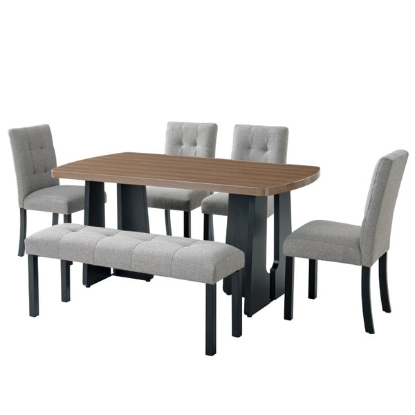 English Elm 6-Piece Modern Dining Set with Walnut Tabletop Geometric Legs Upholstered Chairs Bench Gray N752S000011D