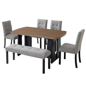 English Elm 6-Piece Modern Dining Set with Walnut Tabletop Geometric Legs Upholstered Chairs Bench Gray N752S000011D