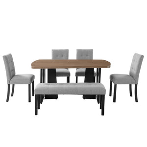 English Elm 6-Piece Modern Dining Set with Walnut Tabletop Geometric Legs Upholstered Chairs Bench Gray N752S000011D