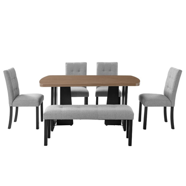 English Elm 6-Piece Modern Dining Set with Walnut Tabletop Geometric Legs Upholstered Chairs Bench Gray N752S000011D