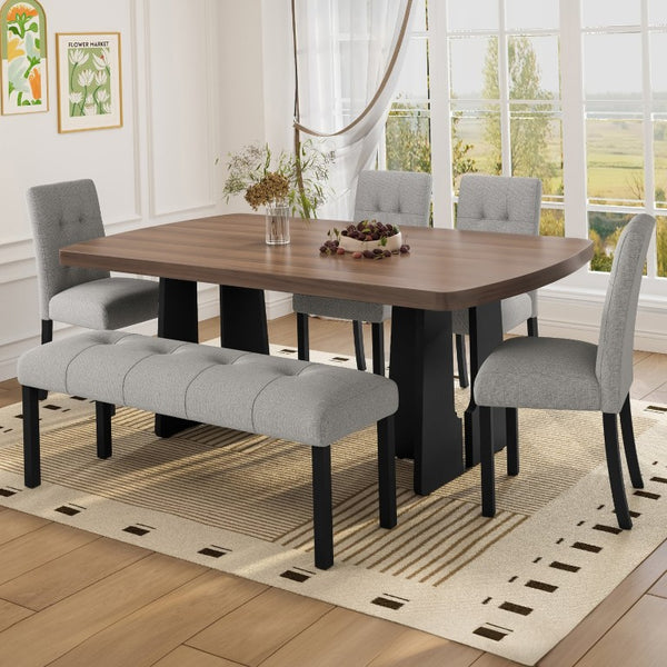 English Elm 6-Piece Modern Dining Set with Walnut Tabletop Geometric Legs Upholstered Chairs Bench Gray N752S000011D