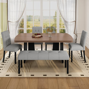 English Elm 6-Piece Modern Dining Set with Walnut Tabletop Geometric Legs Upholstered Chairs Bench Gray N752S000011D