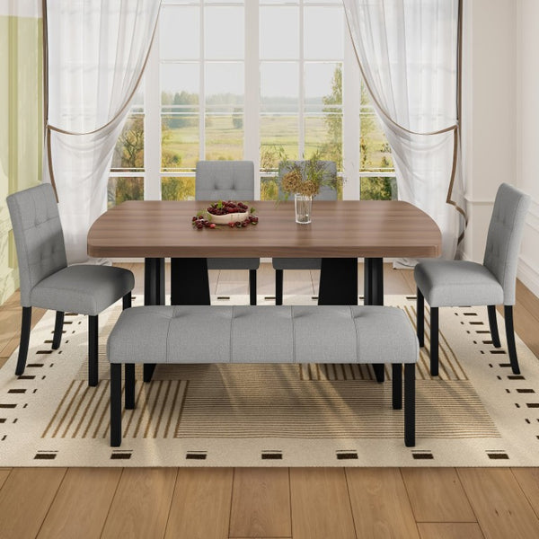 English Elm 6-Piece Modern Dining Set with Walnut Tabletop Geometric Legs Upholstered Chairs Bench Gray N752S000011D