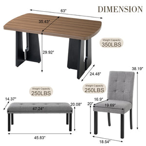 English Elm 6-Piece Modern Dining Set with Walnut Tabletop Geometric Legs Upholstered Chairs Bench Gray N752S000011D