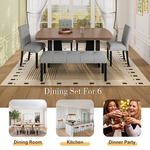 English Elm 6-Piece Modern Dining Set with Walnut Tabletop Geometric Legs Upholstered Chairs Bench Gray N752S000011D
