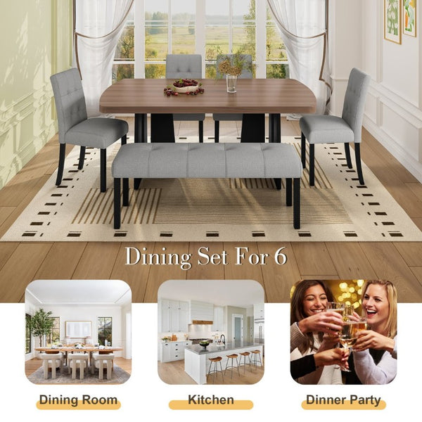 English Elm 6-Piece Modern Dining Set with Walnut Tabletop Geometric Legs Upholstered Chairs Bench Gray N752S000011D