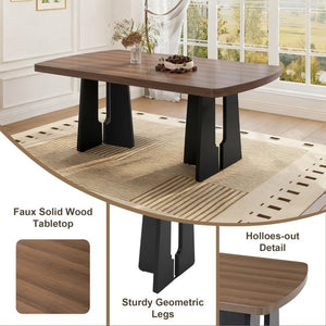 English Elm 6-Piece Modern Dining Set with Walnut Tabletop Geometric Legs Upholstered Chairs Bench Gray N752S000011D