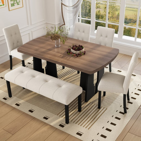 English Elm 6-Piece Modern Dining Set with Walnut Tabletop Geometric Legs Upholstered Chairs Bench Beige N752S000011N
