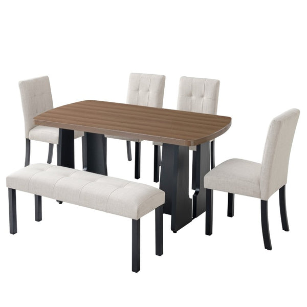 English Elm 6-Piece Modern Dining Set with Walnut Tabletop Geometric Legs Upholstered Chairs Bench Beige N752S000011N