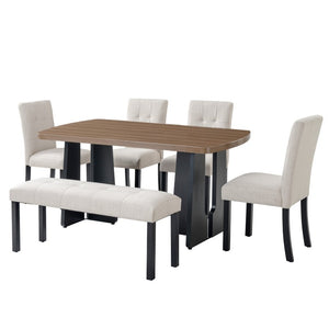 English Elm 6-Piece Modern Dining Set with Walnut Tabletop Geometric Legs Upholstered Chairs Bench Beige N752S000011N