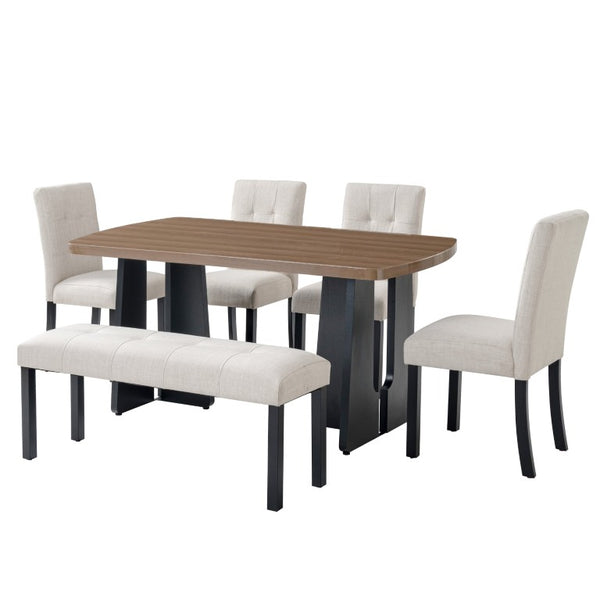 English Elm 6-Piece Modern Dining Set with Walnut Tabletop Geometric Legs Upholstered Chairs Bench Beige N752S000011N