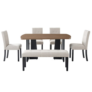 English Elm 6-Piece Modern Dining Set with Walnut Tabletop Geometric Legs Upholstered Chairs Bench Beige N752S000011N