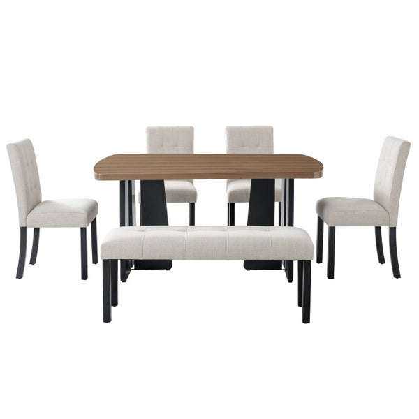 English Elm 6-Piece Modern Dining Set with Walnut Tabletop Geometric Legs Upholstered Chairs Bench Beige N752S000011N