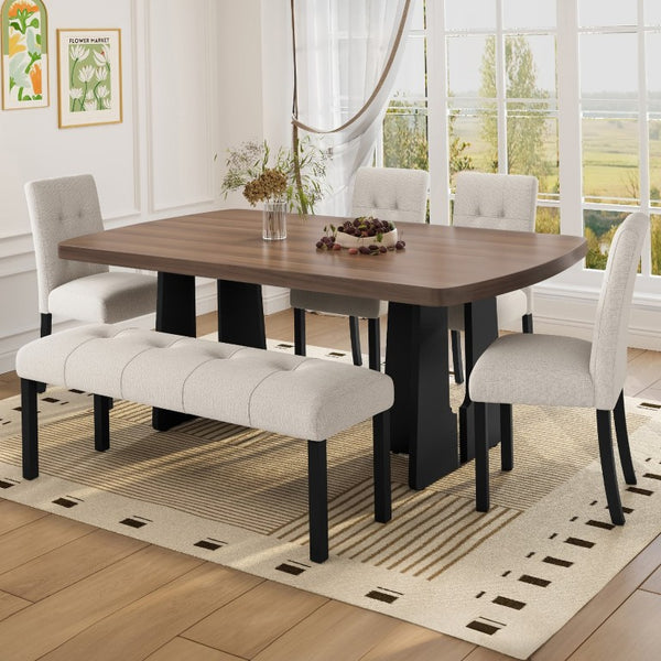 English Elm 6-Piece Modern Dining Set with Walnut Tabletop Geometric Legs Upholstered Chairs Bench Beige N752S000011N