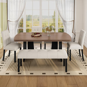 English Elm 6-Piece Modern Dining Set with Walnut Tabletop Geometric Legs Upholstered Chairs Bench Beige N752S000011N