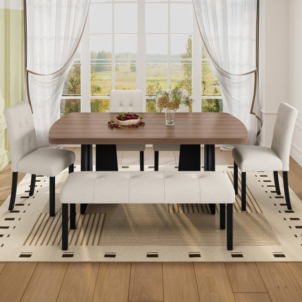 English Elm 6-Piece Modern Dining Set with Walnut Tabletop Geometric Legs Upholstered Chairs Bench Beige N752S000011N