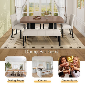 English Elm 6-Piece Modern Dining Set with Walnut Tabletop Geometric Legs Upholstered Chairs Bench Beige N752S000011N