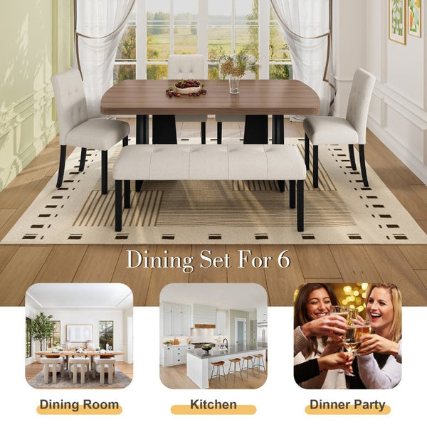 English Elm 6-Piece Modern Dining Set with Walnut Tabletop Geometric Legs Upholstered Chairs Bench Beige N752S000011N