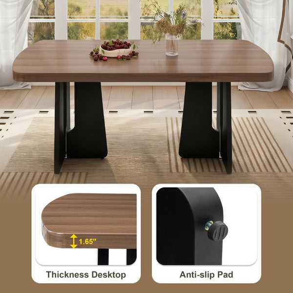 English Elm 6-Piece Modern Dining Set with Walnut Tabletop Geometric Legs Upholstered Chairs Bench Beige N752S000011N