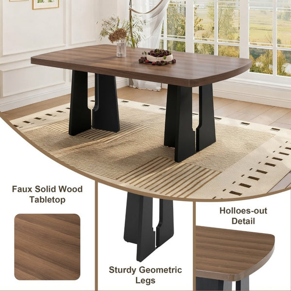 English Elm 6-Piece Modern Dining Set with Walnut Tabletop Geometric Legs Upholstered Chairs Bench Beige N752S000011N