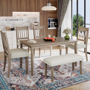 English Elm 6-piece Farmhouse Dining Set Oak Veneer Table Rubberwood Legs 4 Chairs and Bench Brown N752S000031D