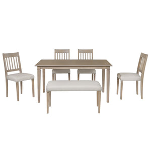 English Elm 6-piece Farmhouse Dining Set Oak Veneer Table Rubberwood Legs 4 Chairs and Bench Brown N752S000031D
