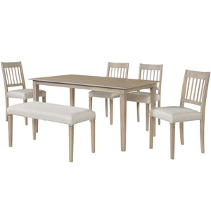 English Elm 6-piece Farmhouse Dining Set Oak Veneer Table Rubberwood Legs 4 Chairs and Bench Brown N752S000031D