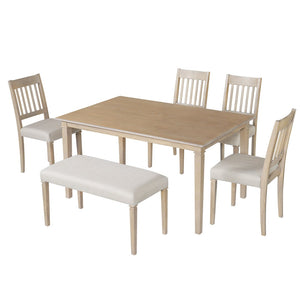 English Elm 6-piece Farmhouse Dining Set Oak Veneer Table Rubberwood Legs 4 Chairs and Bench Brown N752S000031D