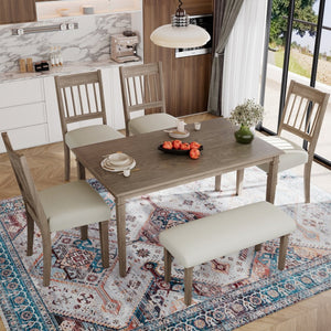English Elm 6-piece Farmhouse Dining Set Oak Veneer Table Rubberwood Legs 4 Chairs and Bench Brown N752S000031D