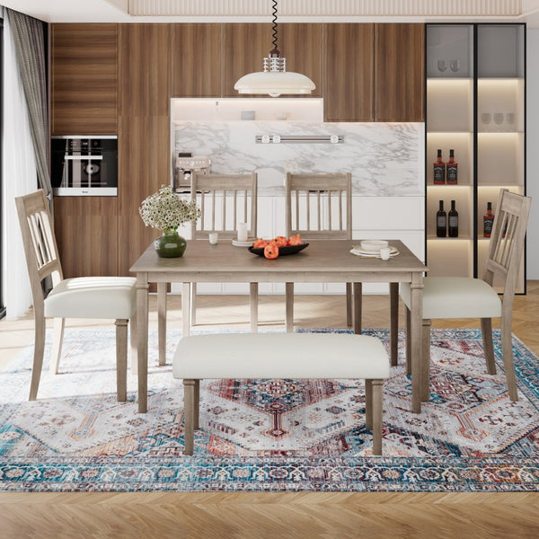 English Elm 6-piece Farmhouse Dining Set Oak Veneer Table Rubberwood Legs 4 Chairs and Bench Brown N752S000031D