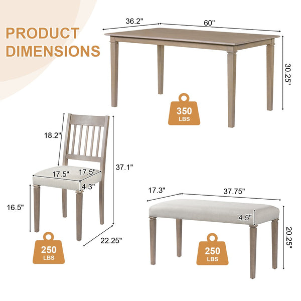 English Elm 6-piece Farmhouse Dining Set Oak Veneer Table Rubberwood Legs 4 Chairs and Bench Brown N752S000031D