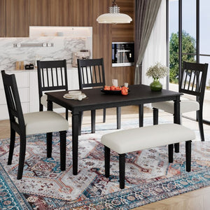 English Elm 6-piece Farmhouse Dining Set Oak Veneer Table Rubberwood Legs 4 Chairs and Bench Grey N752S000031E
