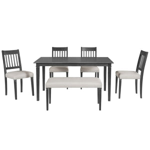 English Elm 6-piece Farmhouse Dining Set Oak Veneer Table Rubberwood Legs 4 Chairs and Bench Grey N752S000031E