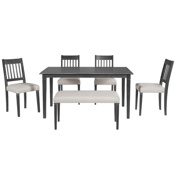 English Elm 6-piece Farmhouse Dining Set Oak Veneer Table Rubberwood Legs 4 Chairs and Bench Grey N752S000031E