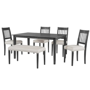 English Elm 6-piece Farmhouse Dining Set Oak Veneer Table Rubberwood Legs 4 Chairs and Bench Grey N752S000031E