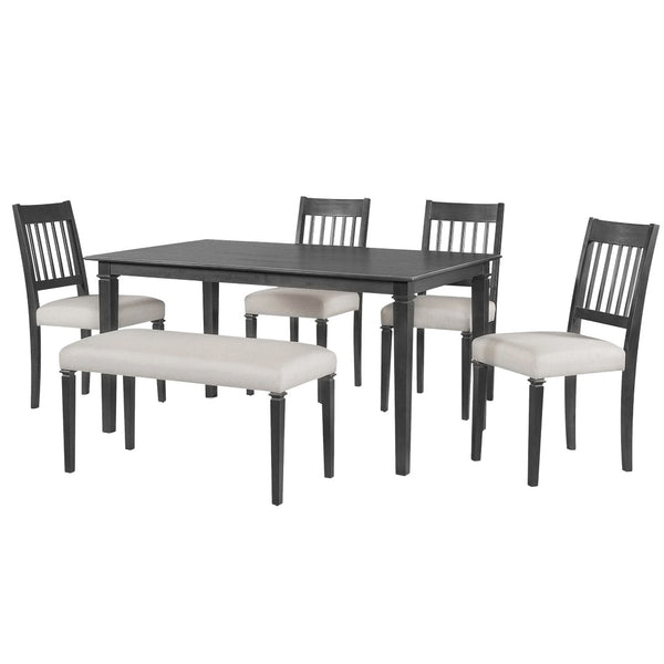 English Elm 6-piece Farmhouse Dining Set Oak Veneer Table Rubberwood Legs 4 Chairs and Bench Grey N752S000031E