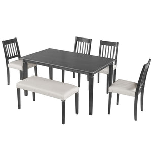 English Elm 6-piece Farmhouse Dining Set Oak Veneer Table Rubberwood Legs 4 Chairs and Bench Grey N752S000031E