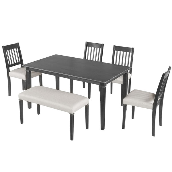 English Elm 6-piece Farmhouse Dining Set Oak Veneer Table Rubberwood Legs 4 Chairs and Bench Grey N752S000031E